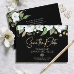 Bat Mitzvah Black Gold Script Watercolor Floral  Save The Date<br><div class="desc">Make sure all your friends and relatives will be able to celebrate your daughter’s milestone Bat Mitzvah! Send out this chic, personalized “Save the Date” announcement card. A chic, stunning, white and gold glitter floral watercolor with faux gold foil script typography and white san serif type overlays a dramatic black...</div>