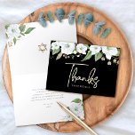 Bat Mitzvah Black Gold Script Watercolor Floral Thank You Card<br><div class="desc">Make sure your favorite Bat Mitzvah shows her appreciation to all who supported her milestone event! Send out this sophisticated, personalized thank you card! A chic, stunning, white and gold glitter floral watercolor with faux gold foil script typography and white san serif type overlays a dramatic black background. Additional watercolor...</div>