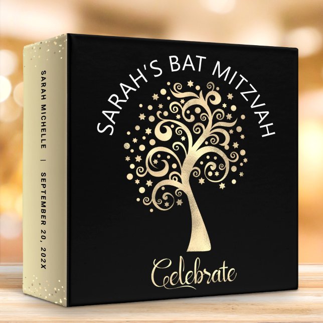 Bat Mitzvah Black Gold Tree of Life Photo Album 3 Ring Binder (Creator Uploaded)