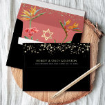 Bat Mitzvah Black Gold Tropical Floral Watercolor Envelope<br><div class="desc">Open up this black envelope and you’ll find a surprise, graphic visual of colorful tropical watercolor birds of paradise flowers and a faux gold foil Star of David and tiny glitter dots overlaying a soft dusty, rose pink background. The outside back flap boasts faux gold glitter dots and modern sans...</div>