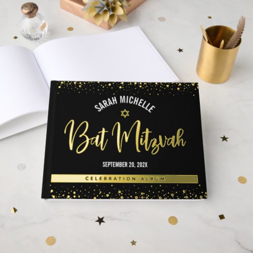 Bat Mitzvah Black Script Modern Real Gold Foil Foil Guest Book