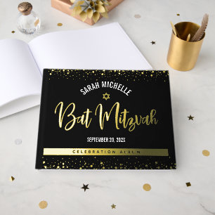 Bat Mitzvah Black Script Modern Real Gold Foil Guest Book