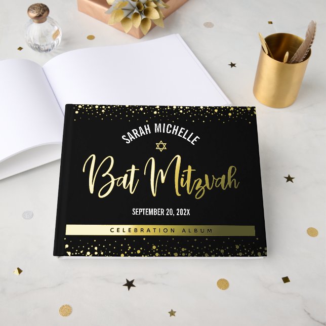 Bat Mitzvah Black Script Modern Real Gold Foil Guest Book (Front Open)