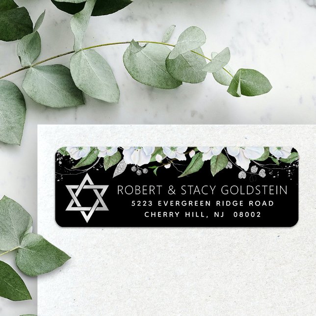 Bat Mitzvah Black Silver Floral Return Address Label (Creator Uploaded)