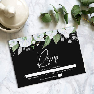 Bat Mitzvah Black Silver Script Floral Watercolor RSVP Card
