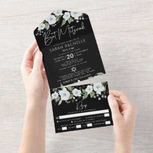 Bat Mitzvah Black Silver Script Watercolor Floral All In One Invitation