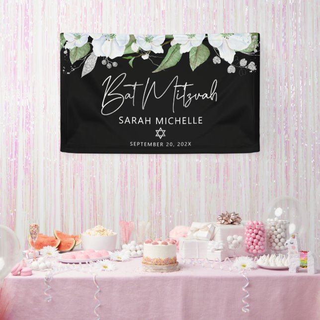 Bat Mitzvah Black Silver Script Watercolor Floral Banner (Party)