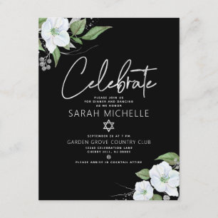 Bat Mitzvah Black Silver Script Watercolor Floral Enclosure Card