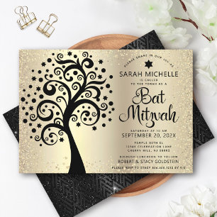 Bat Mitzvah Black Tree of Life Script Gold Foil Invitation