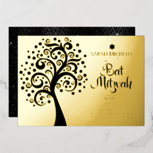 Bat Mitzvah Black Tree of Life Script Real Gold Foil Invitation