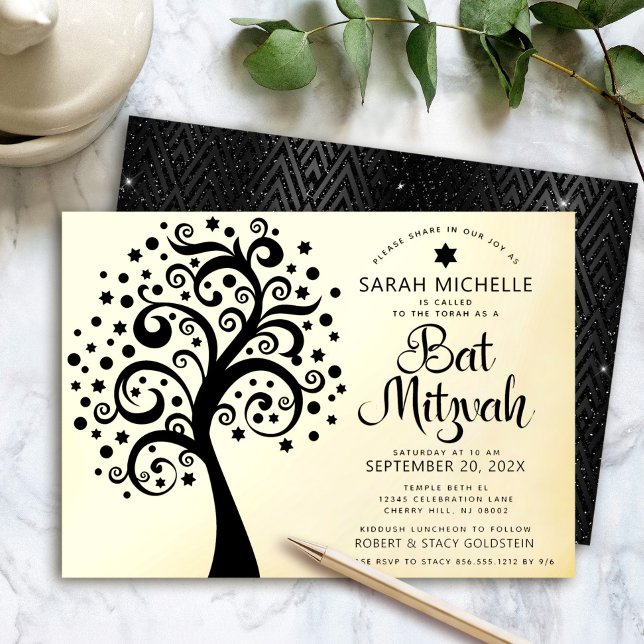 Bat Mitzvah Black Tree of Life Script Real Gold Foil Invitation (Creator Uploaded)