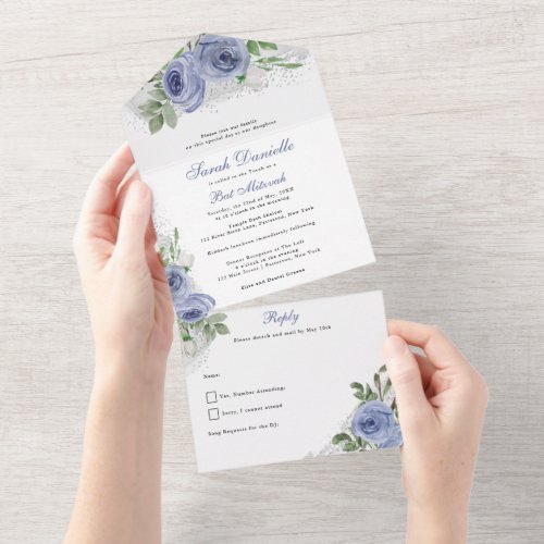 Bat Mitzvah Blue and Silver Watercolor Flowers All In One Invitation