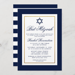 Bat Mitzvah Blue and White Stripes Invitation Gold
