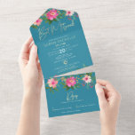 Bat Mitzvah Blue Gold Script Floral Watercolor All In One Invitation<br><div class="desc">Be proud, rejoice and showcase this milestone of your favorite Bat Mitzvah! Send out this stunning, modern, custom all-in-one invitation for an event to remember. A chic, stunning, pink and peach floral watercolor with faux gold foil script typography and modern white sans serif type overlay a dusty turquoise teal blue...</div>
