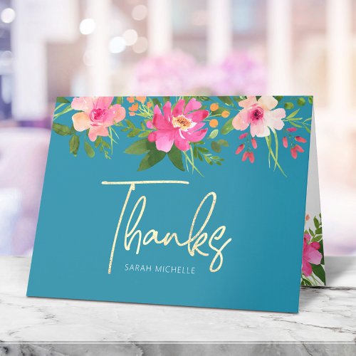 Bat Mitzvah Blue Gold Script Floral Watercolor 