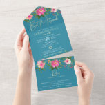 Bat Mitzvah Blue Gold Type Floral Watercolor Party All In One Invitation<br><div class="desc">Be proud, rejoice and showcase this milestone of your favorite Bat Mitzvah! Send out this stunning, modern, custom all-in-one invitation for an event to remember. A chic, stunning, pink and peach floral watercolor with faux gold foil script typography and modern white sans serif type overlay a dusty turquoise teal blue...</div>