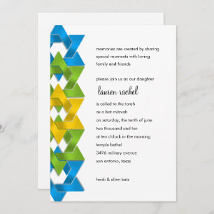 Bat Mitzvah Blue Green Yellow Stars on Any Color Invitation