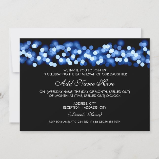 Bat Mitzvah Blue Hollywood Glam Invitation (Front)