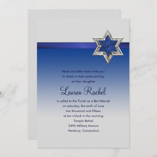 Bat Mitzvah Blue Ombre Ribbon and Star Invitation (Front/Back)