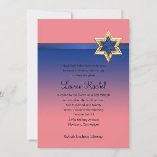 Bat Mitzvah Blue Ombre Ribbon and Star Invitation