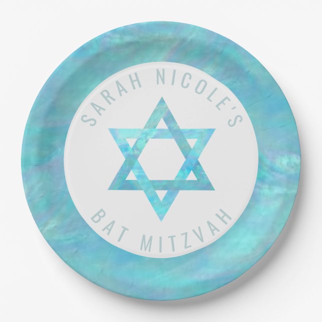Bat Mitzvah Blue Opal Celebration Star Of David Paper Plates (Front)