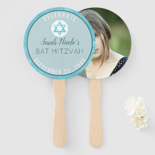 Bat Mitzvah Blue Opal Chic Watercolor Photo Hand Fan