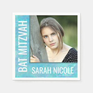 Bat Mitzvah Blue Opal Glam Party Custom Photo Napkins