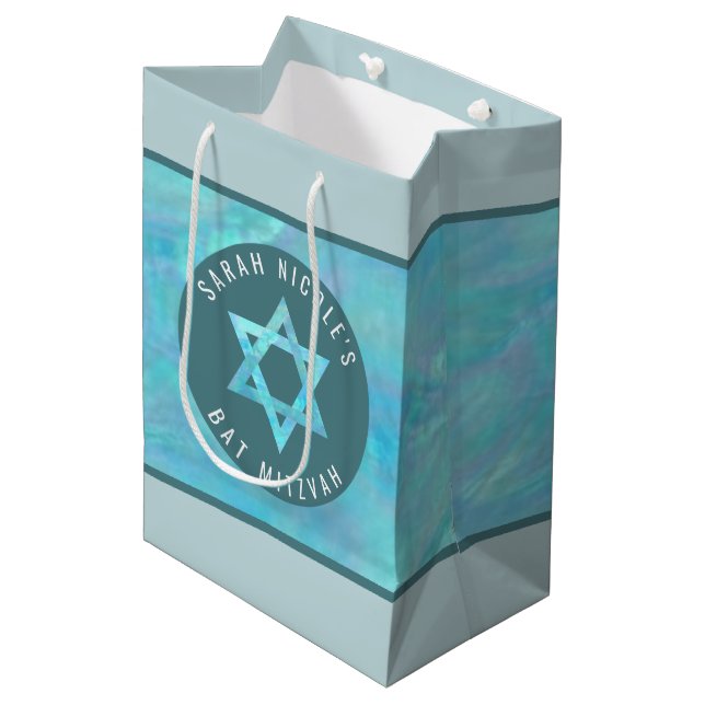 Bat Mitzvah Blue Opal Magen David Personalized Medium Gift Bag (Front Angled)