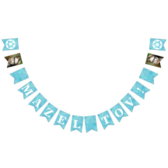 Bat Mitzvah Blue Opal Mazel Tov Optional Photo Bunting Flags (All)