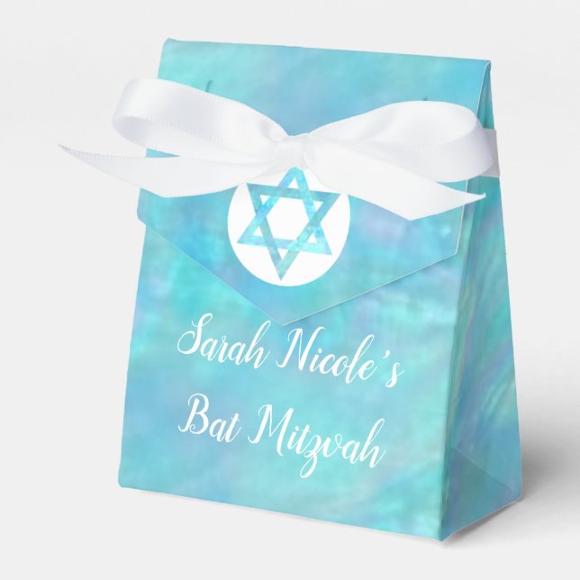 Bat Mitzvah Blue Opal Modern Chic Glam Party Favor Boxes (Front Side)