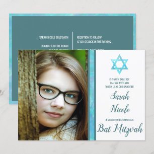 Bat Mitzvah Blue Opal Modern Photo Chic Stylish Invitation