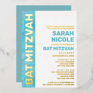Bat Mitzvah Blue Opal Modern Typography Gold Foil Invitation