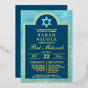 Bat Mitzvah Blue Opal Star Of David Glam Gold Foil Invitation