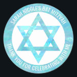 Bat Mitzvah Blue Opal Star Of David Thank You Classic Round Sticker<br><div class="desc">All text on these classic round stickers can be customized, making these faux blue opal Star of David envelope seals perfect for a Bat Mitzvah Thank You favor or for any special occasion you wish to personalize them for. The Magen David fashioned out of faux blue iridescent watercolor pops against...</div>