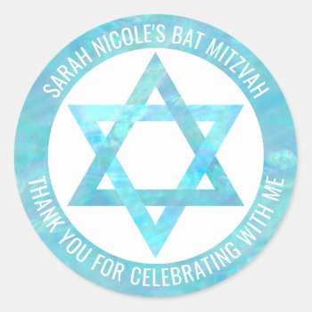 Bat Mitzvah Blue Opal Star Of David Thank You Classic Round Sticker by ArtfulDesignsByVikki at Zazzle