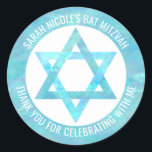 Bat Mitzvah Blue Opal Star Of David Thank You Classic Round Sticker<br><div class="desc">All text on these classic round stickers can be customized, making these faux blue opal Star of David envelope seals perfect for a Bat Mitzvah Thank You favor or for any special occasion you wish to personalize them for. The Magen David fashioned out of faux blue iridescent watercolor pops against...</div>