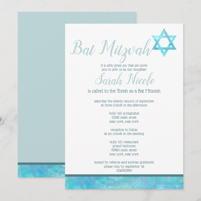 Bat Mitzvah Blue Opal Watercolor Chic Elegant Invitation (Front/Back)