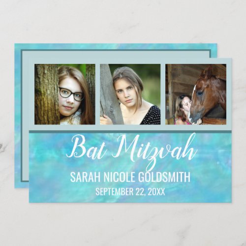 Bat Mitzvah Blue Opal Watercolor Photo Collage Invitation