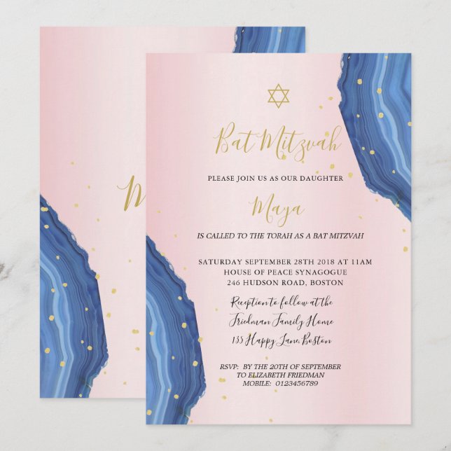 Bat Mitzvah Blue Pink Gold Jewish Invitation (Front/Back)