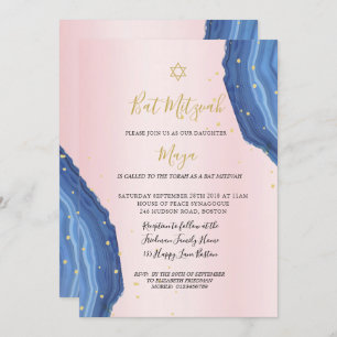Bat Mitzvah Blue Pink Gold Jewish Invitation
