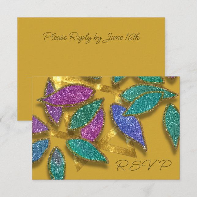 Bat Mitzvah Blue Purple Green Glittery Petals Star Invitation (Front/Back)