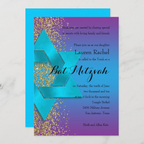 Bat Mitzvah Blue Purple Ombre Faux Gold Glitter Invitation