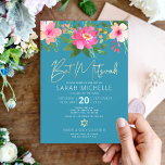 Bat Mitzvah Blue Watercolor Floral Gold Script Invitation<br><div class="desc">Be proud, rejoice and showcase this milestone of your favorite Bat Mitzvah with this sophisticated, personalized invitation! A chic, stunning, pink and peach floral watercolor with faux gold foil script typography and modern white sans serif type overlay a dusty turquoise teal blue background. Personalize the custom text with your Bat...</div>