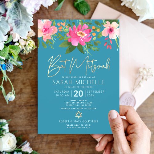 Bat Mitzvah Blue Watercolor Floral Gold Script Invitation