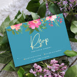 Bat Mitzvah Blue Watercolor Floral Gold Script RSVP Card<br><div class="desc">Be proud, rejoice and celebrate this milestone of your favorite Bat Mitzvah with this sophisticated, personalized RSVP insert card for your event! A stunning, pink and peach floral watercolor with faux gold foil script typography and modern white sans serif type overlay a dusty turquoise teal blue background. Additional watercolor flowers...</div>
