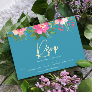 Bat Mitzvah Blue Watercolor Floral Gold Script RSVP Card
