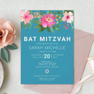 Bat Mitzvah Blue Watercolor Floral Modern Simple Invitation
