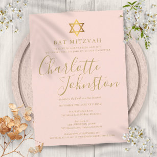 Bat Mitzvah Blush Pink Gold Script Invitation