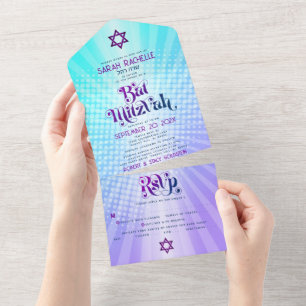 Bat Mitzvah Boho Retro Blue Purple Gradient Bold All In One Invitation