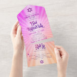 Bat Mitzvah Boho Retro Pink Orange Gradient Bold All In One Invitation<br><div class="desc">Be proud, rejoice and showcase this milestone of your favorite Bat Mitzvah with this fun boho retro, custom all-in-one invitation for an event to remember. Hip, groovy, bold dark hot pink and purple typography with modern sans serif typography overlay a background of pop light orange and pink ombre gradient rays...</div>